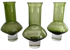 KROSNO Avocado Green Vase Lot MCM 1970 POLAND Art Glass 9” Tall ATOMIC Set of 3 picture