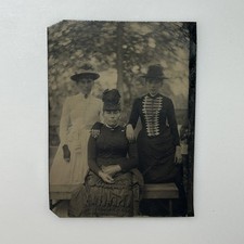 Antique Tintype Three Victorian Women Unusual Fashion Hats 1/6 Plate picture