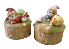 2 VTG HOMCO Bisque Porcelain Elf Pixie Gnome Mushroom Trinket Jewelry Boxes picture