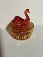 Jeannette Amberina/Red Glass Powder Jar w/ Swan Lid Topper - Lidded Glass Jar picture