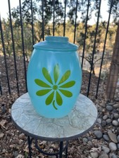 Vintage MCM Bartlett Collins Turquoise w/Green Daisy Cookie Jar 9.5”x 6.5 picture