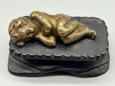 Antique Cast Bronze Sleeping Christ Child on a Hand Carved Wood Manger picture