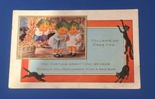 Antique Halloween Postcard Pumpkin Head Children Black Cats Corn Husking Posted picture