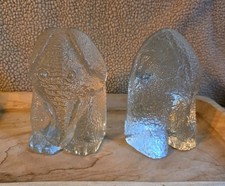 Vintage Mid-Century BLENKO Pair Handmade Art Glass Elephant Bookends HEAVY CLEAR picture