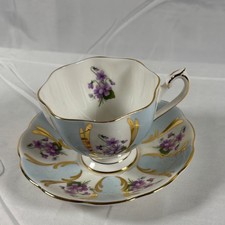 Queen Anne Bone China Tea Cup Saucer Set Violets Blue Gold Gilt England Vintage picture