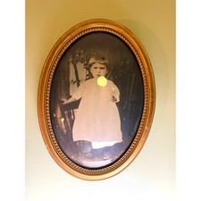 Antique Hand Tinted Child Portrait Convex Bubble Glass Oval Gold Frame 22