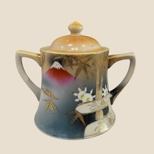 Vintage Nippon Hand Painted Mount Fuji Sugar Bowl with Lid Gold Moriage Bamboo picture