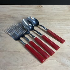 VTG BAKELITE Sta-Brite Stainless Red Handled Silverware 5pc Set Spoons Forks USA picture