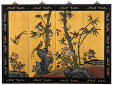 Vintage Chinese Four Panel Wall Art Gold Leaf Birds Bamboo Floral Hanging Decor picture
