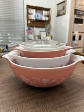 Vintage Old Pyrex Gooseberry Cinderella Mixing Bowl Set of 4 Pink & White picture
