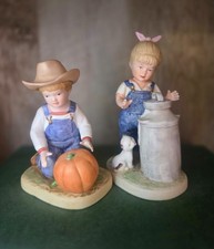 VTG 1985 HOMCO Denim Days #1518 & Morning Chores #1501 Fall Bisque Figurine Set picture