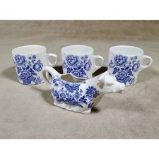 VTG Royal Crownford Charlotte Blue Cow Creamer & 3 Mugs Set Ironstone England picture