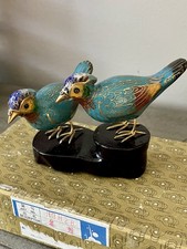 Vintage Pair Cloisonné Enameled Pheasant Birds on Wood Stand picture