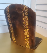 VTG Italian Florentine Tooled Leather Bookend Single Gold Gilt Scroll Wood Core picture