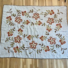 Vintage Linen Floral MCM Hand-Embroidered Table Cloth 61