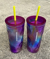 Starbucks 2024 Rainbow Glass Rippled Molted Gradient 18oz Cup W/ Lid Set Of 2 picture