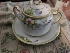 Antique Nippon Hand Painted Sugar Bowl Saucer & Spoon Set Rising Sun Mark 1891 picture