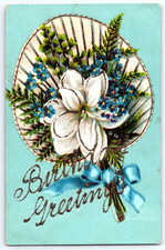 Antique Vintage Postcard Birthday Greetings Flowers Fan Blue Bow Glitter 1907 picture