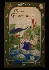Stork with Babies~Toy Border ~Antique Airbrushed Greeting Postcard~s669 picture