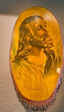 Vintage Decoupage. Jesus 1942 Lithograph on 17” x 9” Thick Wood Slice. 1942 picture
