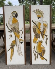 Vintage Gravel Pebble Art Birds Mosaic Wall Hanging MCM Set Of 2 Parrot Cockatoo picture