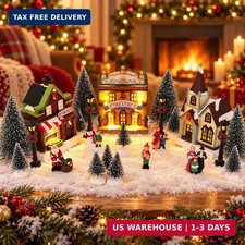 Christmas Village Sets, 24 PCS Lighted Christmas Village Houses & Figurines Acce picture