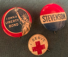 3 Vintage Pinback Buttons Lot Stevenson Campaign Liberty Bond Serve Red Cross picture