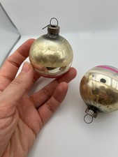 Vintage Striped Shiny Brite Mercury Glass Striped Balls Set of 2 Gold Pink USA picture