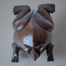 Vntg Hand Carved Wood Frog Toad Folk Art Sculpture Mother of Pearl Inlay 4”L picture
