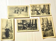 Vintage 1930s 1940s Family Picnic Photo Lot 5 Camping Woods Classic Car B&W picture