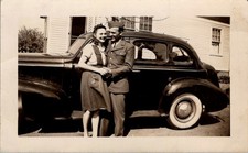 1940s WWII Soldier & Sweetheart by Sedan & House Photograph Homefront Army picture