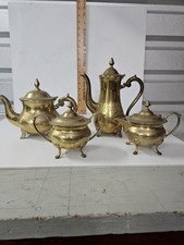 Vintage Hand Etched Brass Coffee and Tea Pot-Creamer and Sugar Pots India picture