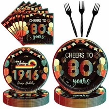 96Pcs Vintage 80th Birthday Decorations Tableware Set Back in 1946 Paper Plat... picture