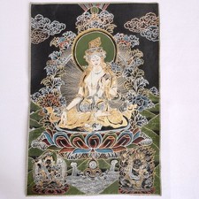 Tibetan Thangka Embroidered Tapestry White Tara Wall Art Black Gold 90x60cm picture
