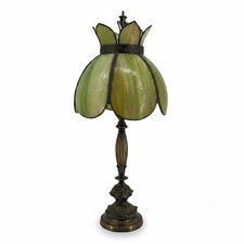Vintage Victorian Slag Glass Tulip Lotus Table Lamp Green Amber Ornate Brass picture