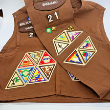 Vintage 1990s Girl Scout Brownie Vest and Sash with Original Badges and Pins picture