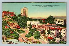 San Francisco CA-California, Lombard St. Crooked Street in World, Linen Postcard picture