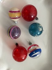 Vtg lot of 6 Unsilvered Glass Striped Christmas Ornaments Striped Stencil Solid picture