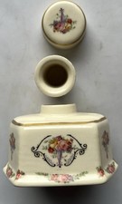 VTG Victorian? HexagonPorcelain Inkwell, Lid, Removable Insert Floral Gold Trim picture
