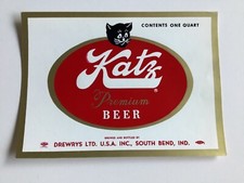 KATZ BEER LABEL, DREWRYS BREWING CO VINTAGE 1960s BLACK KITTY CAT HALLOWEEN picture