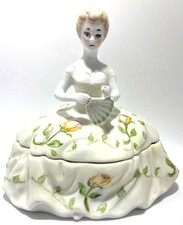 Vintage Hand-Painted Porcelain Southern Belle Half Doll Powder Trinket Box picture