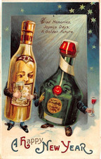 Rare Anthropomorphic*Wine & Whiskey Bottles*~w/ Faces New Year~Fantasy~Postcard- picture