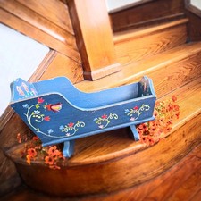 Vintage Hand Painted Folk Art Blue Paint Wood Cradle Decor picture