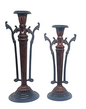 Vtg Pair Metal Heavy Candlestick Holders Harp-style Scrolls Fluted 12