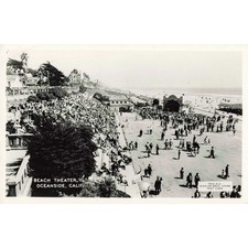 Oceanside CA RPPC Beach Theater Postcard Crowd Scene Mission Drug Store Vtg picture