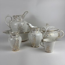 Antique La Belle China Wheeling Pottery 6 Pc Washstand Chamber Set c1890s picture