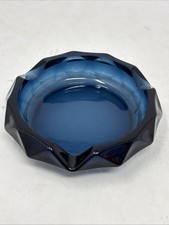 Vintage MCM Viking Glass Diamond Point Blue Bluenique Cigar Ashtray Bowl 6” picture