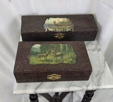 Two Antique Pressed Celluloid Boxes Buck Deer Stag Cabin Western Decor Frontier picture