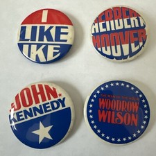 Four very unique retro presidential buttons 2 Inch, Hoover, Ike, Kennedy, Wilson picture