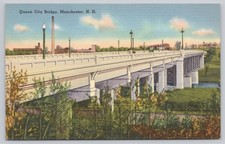 Manchester New Hampshire Queen City Bridge Merrimack River Linen Postcard picture